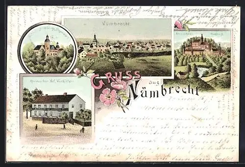 Lithographie Nümbrecht, Restaurant Rheinischer Hof, Bes. Vierkötter, Altes Schloss, Ortsansicht