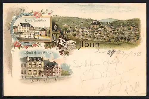 Lithographie Höhr, Gasthof zum Acker, Keram. Fachschule, Ortsansicht