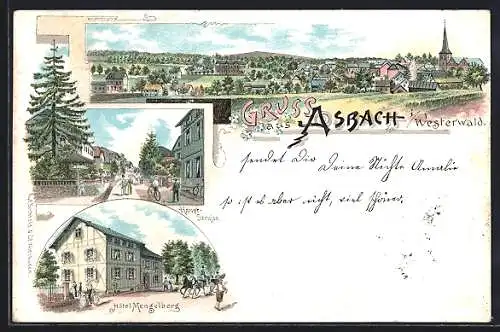 Lithographie Asbach i. Westerwald, Hotel Mengelberg, Hauptstrasse, Ortsansicht