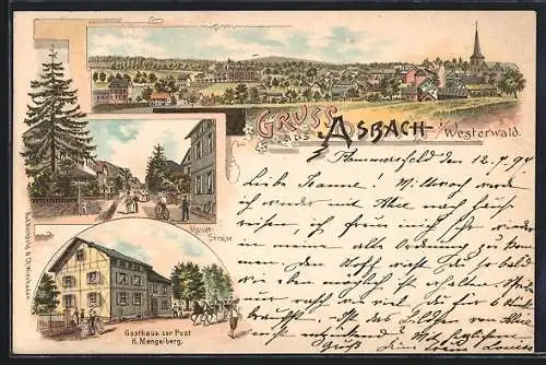 Lithographie Asbach / Westerwald, Hauptstrasse, Gasthaus zur Post von H. Mengelberg, Ortsansicht