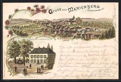 Lithographie Marienberg /Westerwald, Kriegerdenkmal und Landratsamt, Ortsansicht