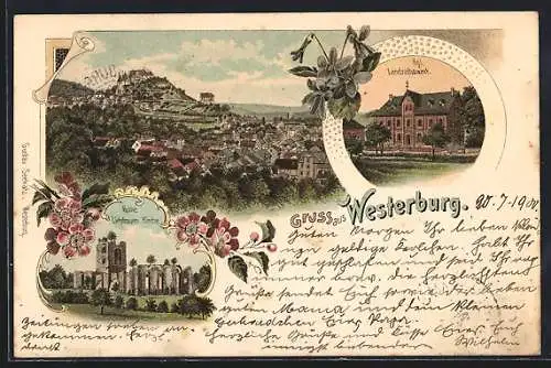 Lithographie Westerburg / Westerwald, Kgl. Landrathsamt, Ruine Liebfrauen Kirche, Ortsansicht