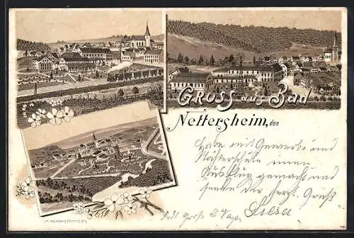 Lithographie Bad Nettersheim, Ortsansicht mit Concerthalle und Kuranstalt