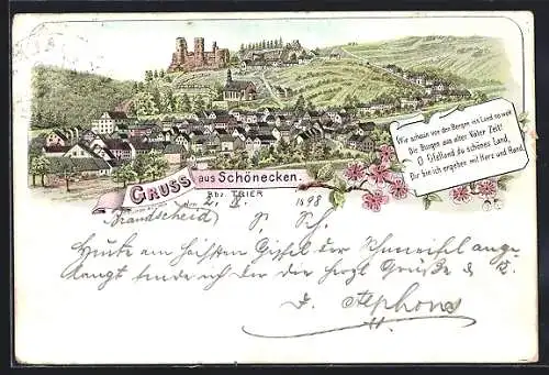 Lithographie Schönecken /Trier, Ortsansicht mit Burgruine