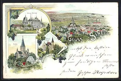 Lithographie Sinzig, Schloss Ahrental, Kirche und Schloss Bunge