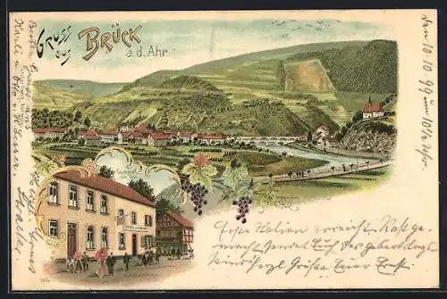 Lithographie Brück / Ahr, Panorama a. d. Ahr, Gasthaus zur Post