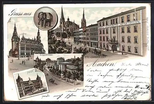 Lithographie Aachen, Hôtel zum Elefanten & Dom, Elisenbrunnen, Post