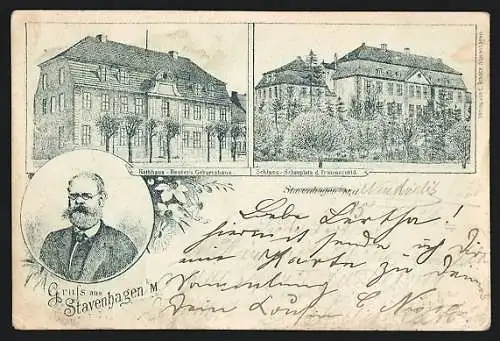 Lithographie Stavenhagen i. M., Rathaus, Reuters Geburtshaus, Schloss