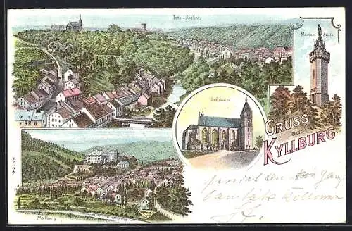 Lithographie Kyllburg, Stiftskirche, Malberg, Mariensäule