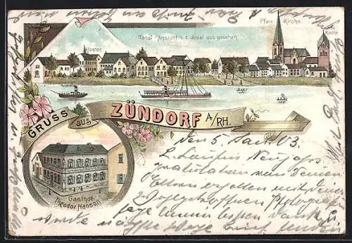 Lithographie Köln-Zündorf, Gasthof Theodor Hansen, Totalansicht von der Insel aus gesehen