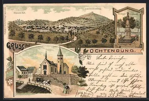 Lithographie Ochtendung, Kriegerdenkmal, Pressenhof und Camelien-Berg