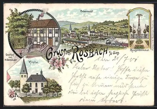 Lithographie Rosbach a. d. Sieg, Gasthof von H. Ganseuer, Kriegerdenkmal und Kirche