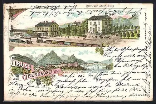 Lithographie Obercassel bei Bonn, Hotel zur Stadt Bonn, Bahnhof und Siebengebirge