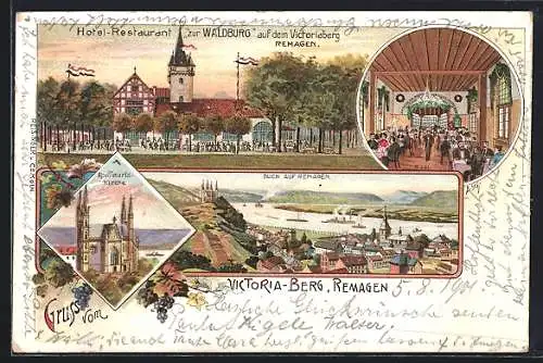 Lithographie Remagen, Gasthaus Hotel-Restaurant zur Waldburg auf dem Victoriaberg, Innenansicht, Apollinaris-Kirche