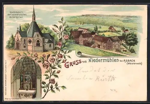 Lithographie Niedermühlen bei Asbach, Gnadenkapelle, Totalansicht