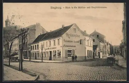 AK Siegburg, Restaurant Emil Seelbach, Blick in die Mühlen- und Siegfeldstrasse