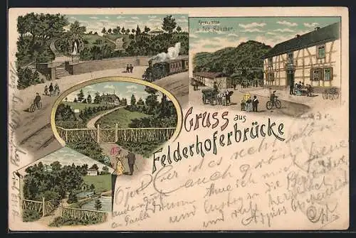 Lithographie Felderhoferbrücke, Restaurant von Joh. Büscher, Eisenbahn und Uferpartie