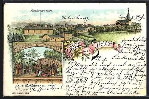 Lithographie Stieldorf, Passionsspielhaus mit Kreuzweg