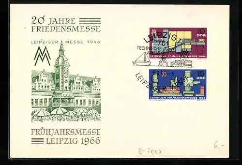 AK Leipzig, Leipziger Frühjahrsmesse 1966 / 20 Jahre Friedensmesse, Turmgebäude, Briefmarken, Logo