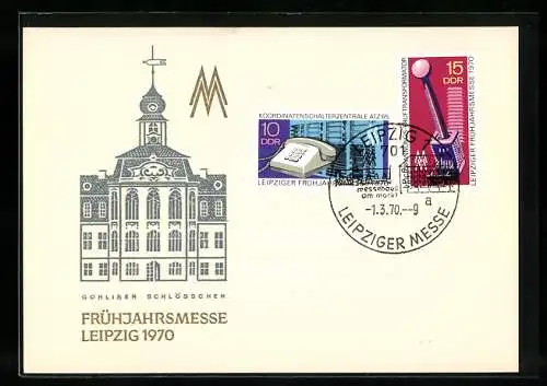 AK Leipzig, Leipziger Frühjahrsmesse 1970, Gohliser Schlösschen, Briefmarken, Logo