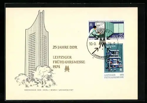 AK Leipzig, Leipziger Frühjahrsmesse 1974, 25 Jahre DDR, Hochhaus der Universität, Briefmarken