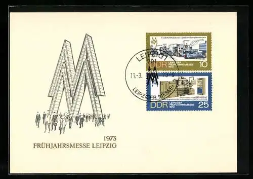 AK Leipzig, Leipziger Frühjahrsmesse 1973, Buchstaben-Skulptur Messelogo, Briefmarken