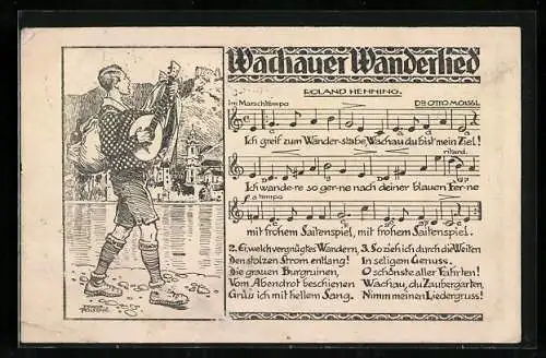 AK Wachauer Wanderlied, Wanderer mit Mandoline