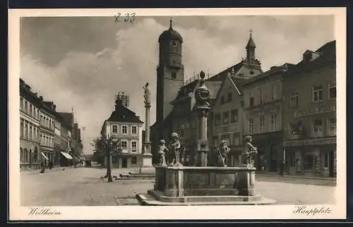 AK Weilheim / Oberbayern, Hauptplatz m. Brunnen, Denkmal, Geschäften, Uhren- Gold u. Silberwaren Franz Forst