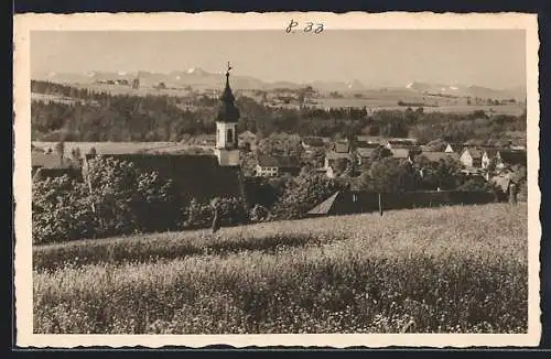 AK Wessobrunn, Ortsansicht mit Gebirgspanorama