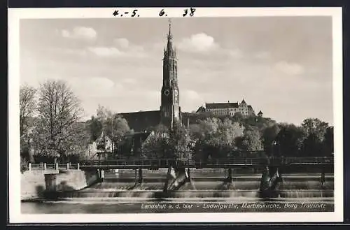 AK Landshut an der Isar, Ludwigwehr, Martinskirche und Burg Trausnitz