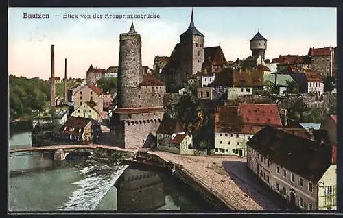 AK Bautzen, Blick von der Kronprinzenbrücke m. Bahnhofs-Restaurant