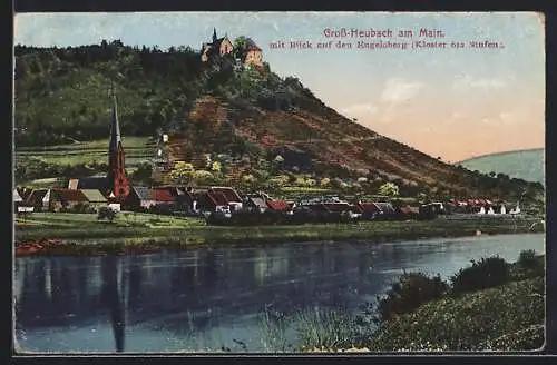 AK Grossheubach, Uferpartie mit Blick auf den Engelsberg (Kloster 612 Stufen)