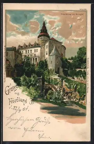 Lithographie Friedland / Frydlant, altes Schloss mit Schlosshof