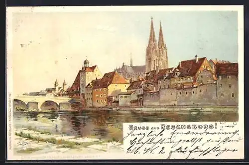 AK Regensburg, Kirche am Ufer mit Brücke