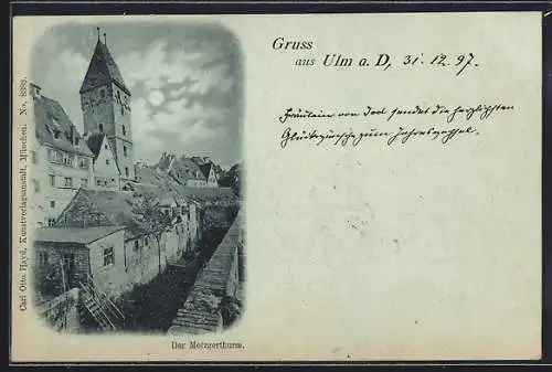 Mondschein-AK Ulm a. D., Ortspartie mit Turm