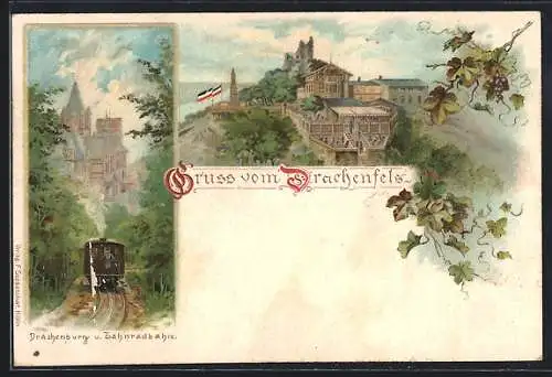 Lithographie Drachenfels, Drachenburg und Zahnradbahn, Wolfgang Müller-Denkmal