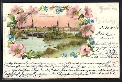 Lithographie Hamburg, Lombardbrücke und Binnenalster