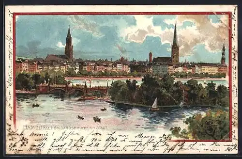 Lithographie Hamburg-Neustadt, Teilansicht mit Lombardsbrücke