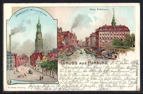 Lithographie Hamburg, Schaarmarkt mit Michaeliskirche, Altes Rathaus