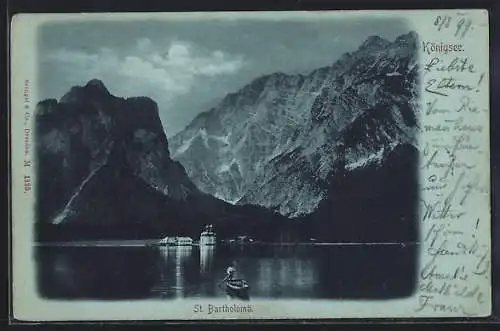 Mondschein-AK Königsee / Berchtesgaden, Teilansicht mit Kirche St. Bartholomä