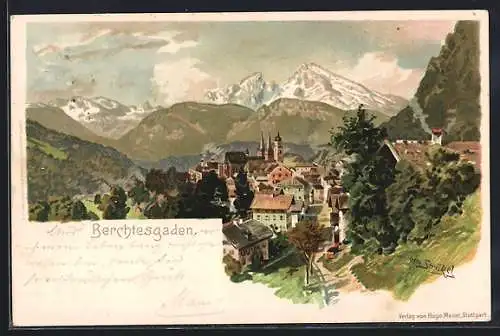 Lithographie Berchtesgaden, Teilansicht mit Kirche