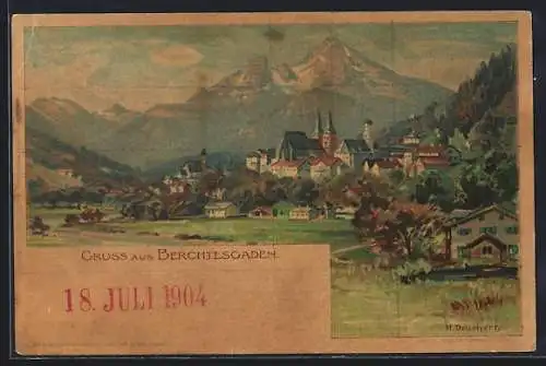 Lithographie Berchtesgaden, Teilansicht mit Kirche