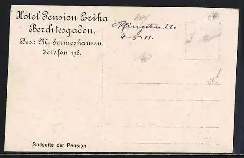 AK Berchtesgaden, Blick auf das Hotel Pension Erika und die Ortschaft