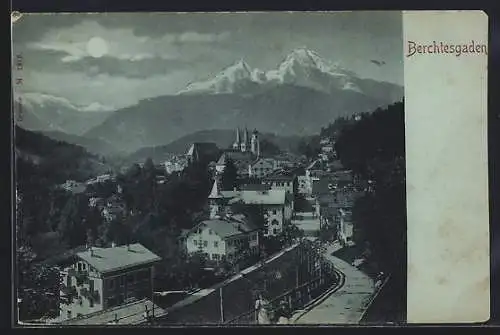 Mondschein-AK Berchtesgaden, Teilansicht mit Kirche und Strassenpartie