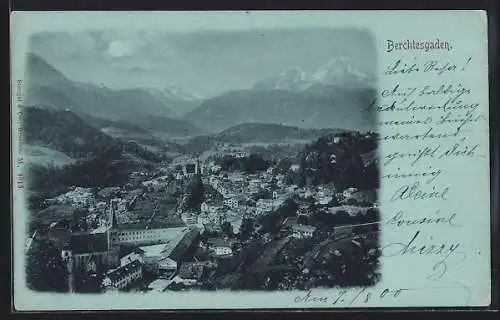 Mondschein-AK Berchtesgaden, Teilansicht mit Kirche