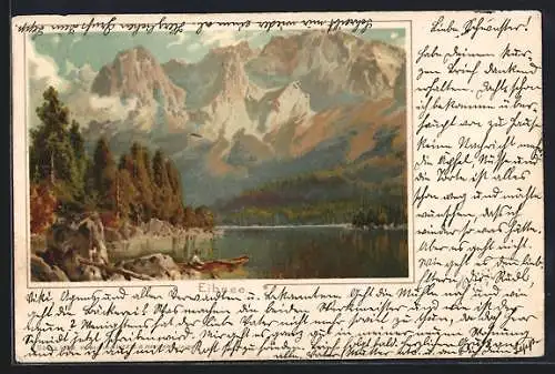 Lithographie Eibsee, Blick über den See in die Berge