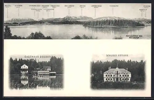 AK Laufen / Salzach, Gasthaus Seebad, Schloss Abtsee, Abtsdorfer See mit Zwiesel, Hochgern und Hochfelln