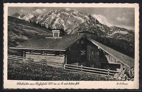 AK Berchtesgaden, Skihütte am Rossfels mit hohem Göll