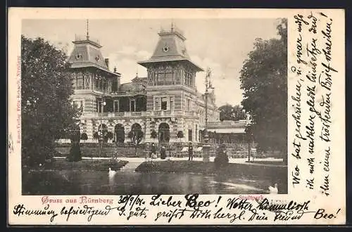 AK Nürnberg, Stadtparkpartie mit Gebäude und Teich