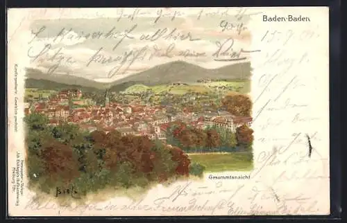 Lithographie Baden-Baden, Gesamtansicht aus der Vogelschau